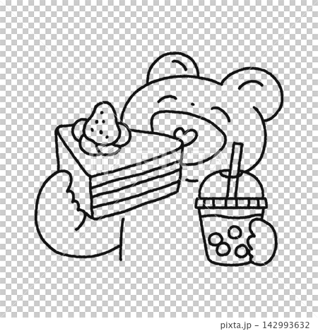 スイーツを食べるかわいいクマ 線画 スイーツを食べるかわいいクマ 線画 142993632