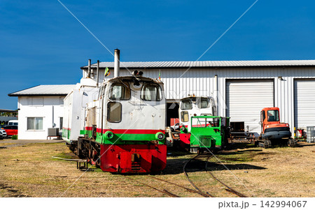 Locomotives on tracks outside a train depot at the St Kitts Scenic Railway in Basseterre, Saint Kitts Locomotives on tracks outside a train depot at the St Kitts Scenic Railway in Basseterre, Saint Kitts 142994067