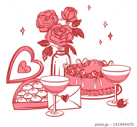 Valentine's Day gifts. Vector clip art. A romantic evening. Cake, glasses of wine, a love letter, and a bouquet of roses. Coquette ink sketch. Illustration for congratulations, posters. Valentine's Day gifts. Vector clip art. A romantic evening. Cake, glasses of wine, a love letter, and a bouquet of roses. Coquette ink sketch. Illustration for congratulations, posters. 142994470