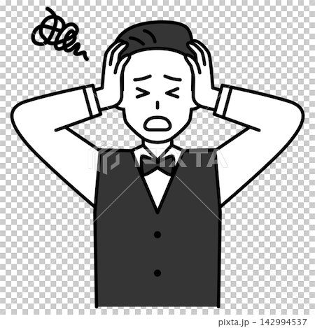 A male restaurant employee is troubled and holding his head in his hands. A male restaurant employee is troubled and holding his head in his hands. 142994537
