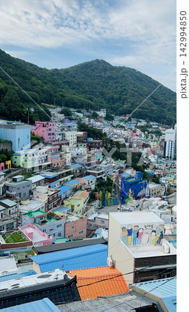 【韓国】釜山の人気観光地、甘川文化村のカラフルな街並みと斜面に広がる住宅街 【韓国】釜山の人気観光地、甘川文化村のカラフルな街並みと斜面に広がる住宅街 142994850