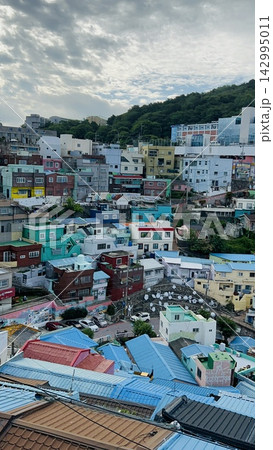 【韓国】釜山の甘川文化村に広がるカラフルな屋根と斜面に立ち並ぶ住宅街の風景 142995011