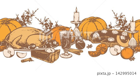 A traditional set of elements for a Thanksgiving dinner. Vector seamless pattern in sketch style. Autumn pumpkin pie with whipped cream, mulled wine, and roasted turkey. Horizontal autumn border. 142995014