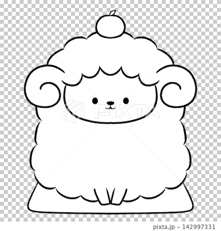 A black and white sheep sitting with an orange on its head. A black and white sheep sitting with an orange on its head. 142997331