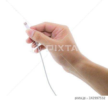 Hand Holding Smartphone Charging Cable on White Background 142997532