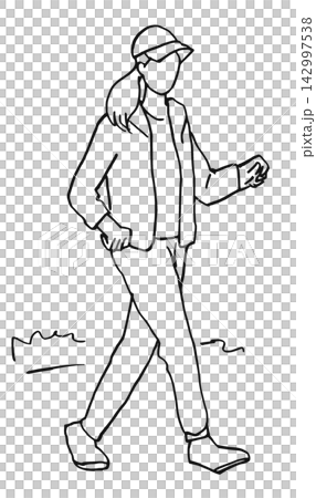 線画イラスト スケッチ シンプルイラスト ウォーキングする女性 線画イラスト スケッチ シンプルイラスト ウォーキングする女性 142997538