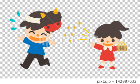 Setsubun (Bean-Throwing Festival): A man wearing a red demon mask and a girl throwing beans - Vector illustration 142997632