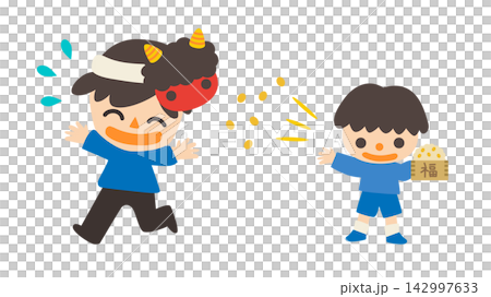 Setsubun (Bean-Throwing Festival): A man wearing a red demon mask and a boy throwing beans - Vector illustration Setsubun (Bean-Throwing Festival): A man wearing a red demon mask and a boy throwing beans - Vector illustration 142997633
