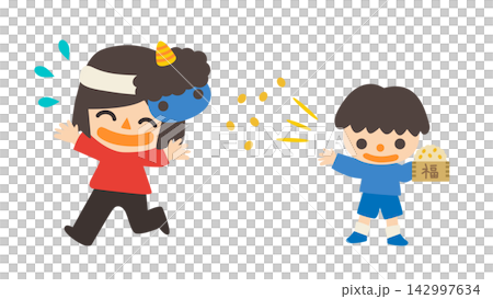 Setsubun (Bean-Throwing Festival): A woman wearing a blue demon mask and a boy throwing beans - Vector illustration 142997634