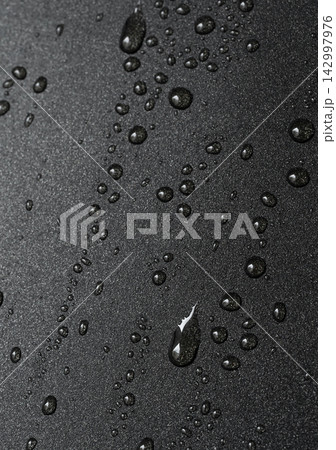 Oil drops on frying pan texture, water splash pattern on black non-stick coating 142997976
