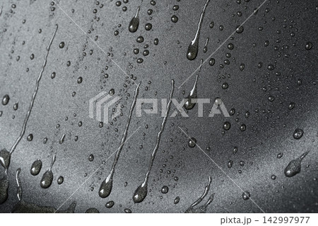 Oil drops on frying pan texture, water splash pattern on black non-stick coating Oil drops on frying pan texture, water splash pattern on black non-stick coating 142997977