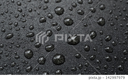Oil drops on frying pan texture, water splash pattern on black non-stick coating 142997979