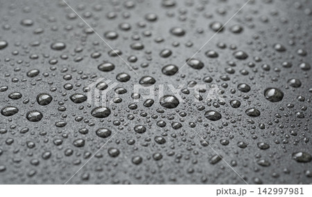 Oil drops on frying pan texture, water splash pattern on black non-stick coating 142997981