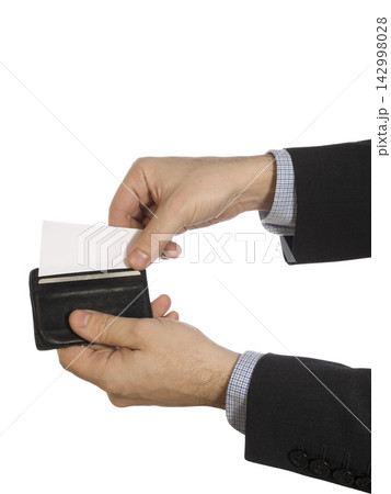 Business Hand Taking Blank Card From Wallet on White 142998028