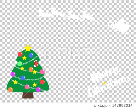 A Christmas card featuring a flying Santa and a colorful tree. 142998034