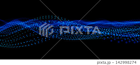 Abstract Blue Digital Particle Wave on Black Background 142998274
