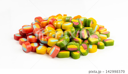 Round gummy candy piles set isolated. Small chewing colorful jellybeans, marmalade cuts, pills Round gummy candy piles set isolated. Small chewing colorful jellybeans, marmalade cuts, pills 142998370