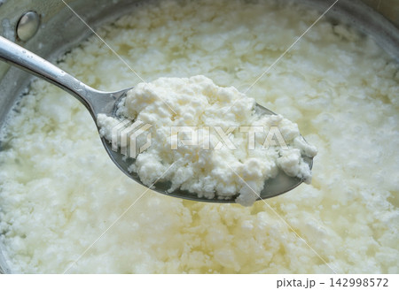 Cottage cheese making, curd in whey texture closeup Cottage cheese making, curd in whey texture closeup 142998572