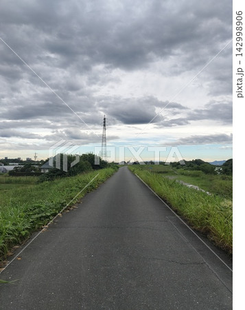 河川敷の道路と送電鉄塔がある風景 都市近郊の自然と電力インフラ 河川敷の道路と送電鉄塔がある風景 都市近郊の自然と電力インフラ 142998906