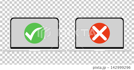 A set of illustrations of two laptops with a checkmark and an X displayed. A set of illustrations of two laptops with a checkmark and an X displayed. 142999296