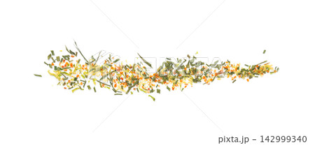 Dried vegetable mix isolated. Dehydrated greens, onion, carrot pieces, seasoning chips, flakes Dried vegetable mix isolated. Dehydrated greens, onion, carrot pieces, seasoning chips, flakes 142999340