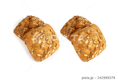 Pumpkin seeds bread isolated, breakfast roll with pepita seeds. Fitness square bun, healthy burger 142999379
