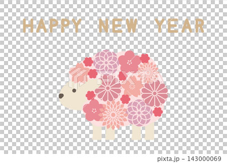 一張新年賀卡插圖,描繪了一隻羊,十二生肖中的動物,它有著可愛的皮毛,上面裝飾著櫻花和菊花等日本花卉。 一張新年賀卡插圖,描繪了一隻羊,十二生肖中的動物,它有著可愛的皮毛,上面裝飾著櫻花和菊花等日本花卉。 143000069