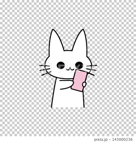 A cute character illustration of a white kitten talking on a pink smartphone. A cute character illustration of a white kitten talking on a pink smartphone. 143000236