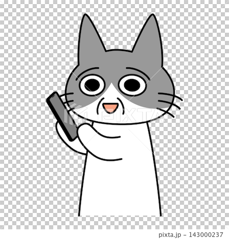 An illustration of a senior cat character making a phone call on a smartphone. 143000237