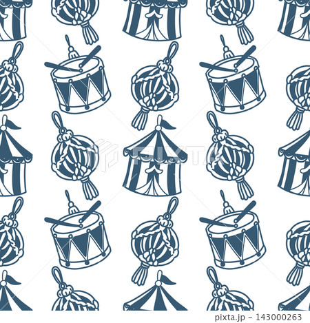 Seamless hand drawn Christmas pattern with festive ornaments, toy drums and hanging decorations in blue on a white background. Winter holiday design for wrapping paper, textiles and stationery. 143000263