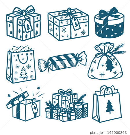 Hand drawn winter Christmas gift vector set featuring wrapped presents, gift boxes, bags, gift sack, candy-shaped box, surprise gift, gift basket, bows and festive evergreen decorations. 143000268