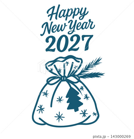 Happy New Year 2027 hand drawn lettering with festive gift boxes, ribbons and Christmas tree patterns. Winter holiday greeting illustration for cards, banners, posters and seasonal designs. 143000269