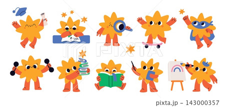 Funny star character. Cute kawaii sun, studying, reading, painting, exercising and graduating activities, cartoon mascot, education and sport, garish vector cartoon flat style stickers set Funny star character. Cute kawaii sun, studying, reading, painting, exercising and graduating activities, cartoon mascot, education and sport, garish vector cartoon flat style stickers set 143000357