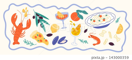 Mediterranean food products. Sicily products and seafood, traditional italian cuisine, lobster, shrimp, assortment of dishes pasta and pizza, ingredients garish vector cartoon isolated set Mediterranean food products. Sicily products and seafood, traditional italian cuisine, lobster, shrimp, assortment of dishes pasta and pizza, ingredients garish vector cartoon isolated set 143000359