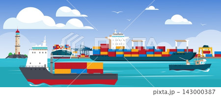 Cargo ships at seaport. Panorama with container terminal, cranes, lighthouse, fishing boat, maritime logistics, international shipping operations qualitative vector cartoon isolated concept 143000387