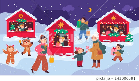 Christmas market people. Cozy new year festive stalls, happy families, holiday shopping, santa helpers, seasonal winter treats, community celebration, garish vector cartoon isolated concept Christmas market people. Cozy new year festive stalls, happy families, holiday shopping, santa helpers, seasonal winter treats, community celebration, garish vector cartoon isolated concept 143000391
