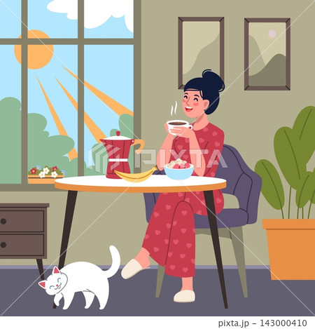 Girl having breakfast. Cozy morning routine at home, happy woman enjoying coffee and healthy food, sunny window cat, domestic comfort, calm indoor lifestyle classy vector cartoon flat concept 143000410