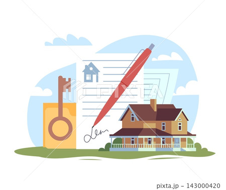 Real estate contract signing. Property purchase agreement with house, key and legal documents with signature for home ownership, mortgage paperwork agreement vector cartoon isolated concept Real estate contract signing. Property purchase agreement with house, key and legal documents with signature for home ownership, mortgage paperwork agreement vector cartoon isolated concept 143000420