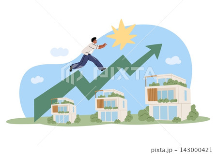 Real estate market growth. Rising property values, housing demand, businessman climbing upward arrow above homes with upward trend, investment success, vector cartoon isolated concept 143000421