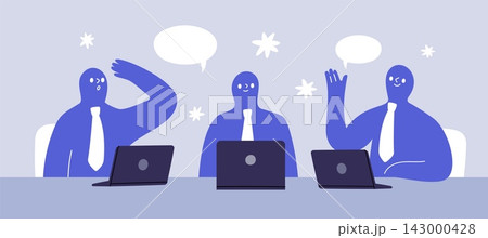 Business meeting in office. Online teamwork, workers using laptops, discussing ideas, webinar, presenting solutions, communication garish vector cartoon isolated strategy discussion concept Business meeting in office. Online teamwork, workers using laptops, discussing ideas, webinar, presenting solutions, communication garish vector cartoon isolated strategy discussion concept 143000428