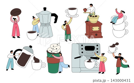 Funny coffee lovers. Tiny people interacting with beans with mug, espresso machine, moka pot, grinder, french press, takeaway beverage cup, brewing tools, garish vector cartoon isolated set Funny coffee lovers. Tiny people interacting with beans with mug, espresso machine, moka pot, grinder, french press, takeaway beverage cup, brewing tools, garish vector cartoon isolated set 143000431