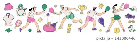 Padel tennis elements and players. Athletes in uniform with rackets, balls, sportswear, trophy, accessories, trendy sport, man and woman competition, garish vector cartoon isolated set Padel tennis elements and players. Athletes in uniform with rackets, balls, sportswear, trophy, accessories, trendy sport, man and woman competition, garish vector cartoon isolated set 143000446