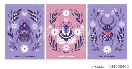 Trendy insects decorative cards. Decorative beetles and butterfly, patterned moth, bugs, floral wreaths, botanical design, nature poster, modern prints garish vector cartoon isolated set 143000460