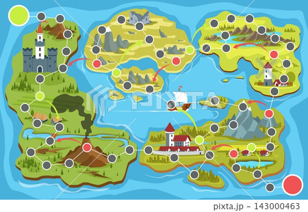 Board fantasy map game. Fantasy adventure design, islands, castles, villages, mountains and quest routes, windmill and ship, rpg travel progression, qualitative vector cartoon concept 143000463