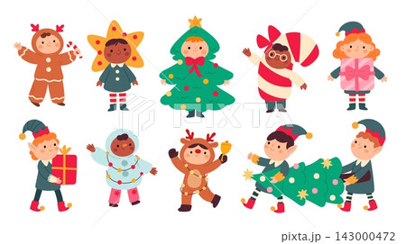 Children in christmas costumes. Cute kids in festive clothes, reindeer, elf, tree, gift box, gingerbread and candy cane, winter holiday party celebration garish vector cartoon isolated set Children in christmas costumes. Cute kids in festive clothes, reindeer, elf, tree, gift box, gingerbread and candy cane, winter holiday party celebration garish vector cartoon isolated set 143000472