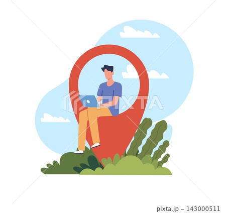 Remote work and digital nomad lifestyle. Freelancer remote working on laptop at location pin, online business and flexible workplace, mobile navigation, vector cartoon isolated concept Remote work and digital nomad lifestyle. Freelancer remote working on laptop at location pin, online business and flexible workplace, mobile navigation, vector cartoon isolated concept 143000511
