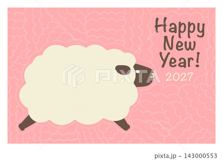 ひつじと手描き模様の2027年年賀状 ピンク ひつじと手描き模様の2027年年賀状 ピンク 143000553