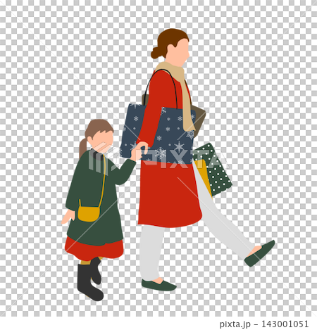 An illustration of a mother holding her child's hand while winter shopping. An illustration of a mother holding her child's hand while winter shopping. 143001051