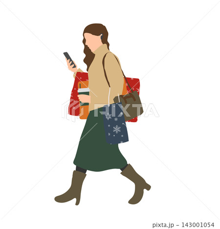 ドリンクを持ってスマホを見ながら冬の買い物をする女性のイラスト 143001054