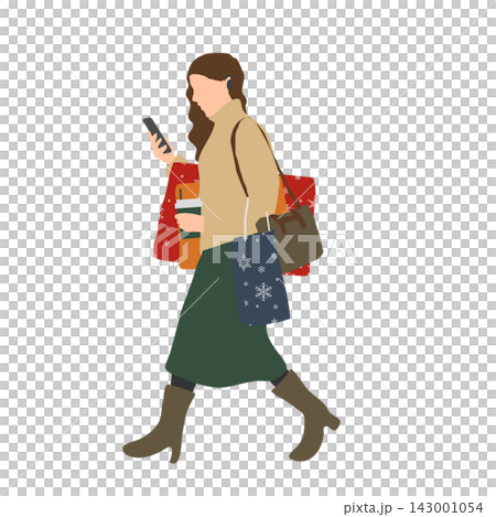 ドリンクを持ってスマホを見ながら冬の買い物をする女性のイラスト 143001054